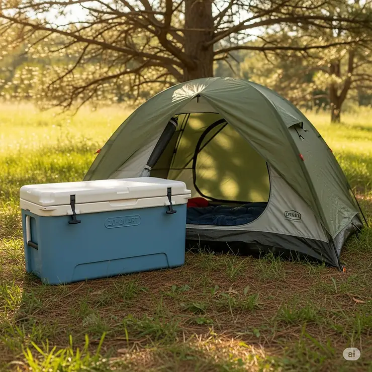 A compact 20-quart cooler sitting next to a tent, perfect as the best size cooler for a solo or couple's short camping trip.