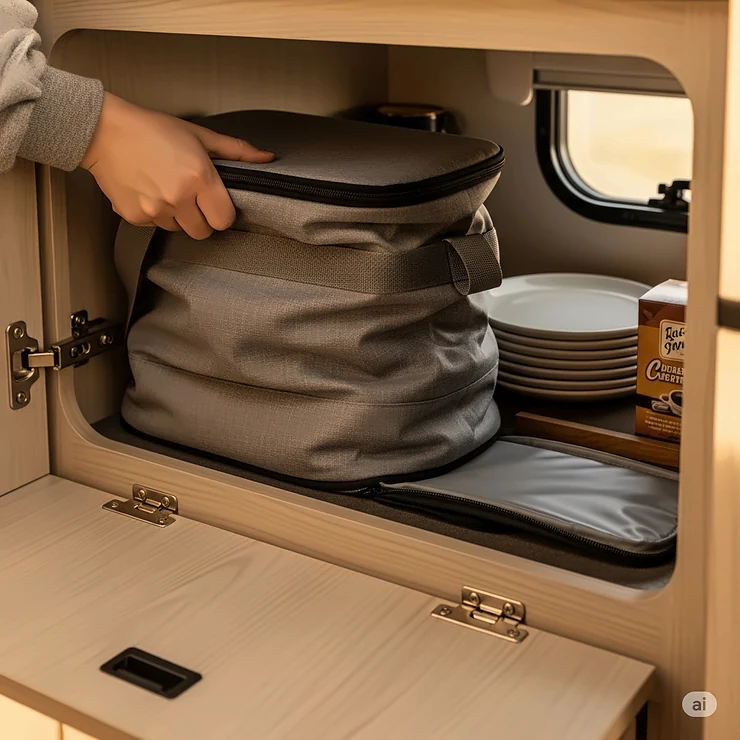 A flexible, soft-sided cooler being easily compressed and stored in an RV’s cabinet, showing its space-saving benefits.