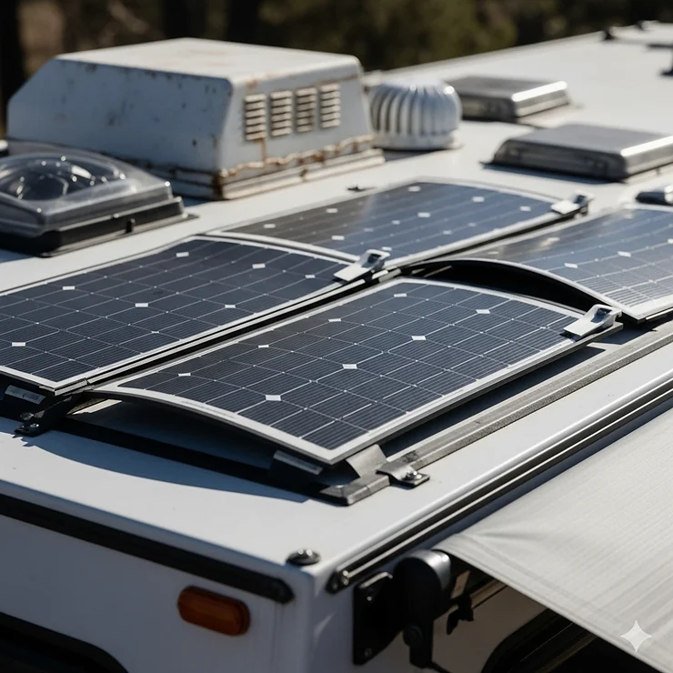 A close-up of flexible solar panels mounted on the roof of a truck camper, showcasing a popular power accessory for off-grid travel.