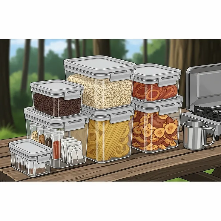 An illustration of a set of stackable, airtight storage bins, ideal for organizing dry food and cooking supplies in a camping kitchen setup.