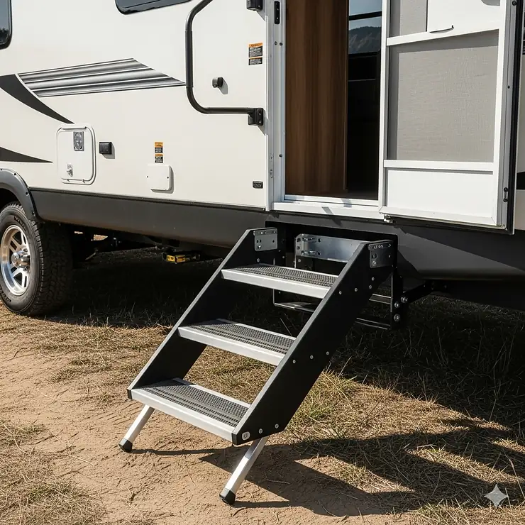 Sturdy, fold-out steps attached to the side of a truck camper, making it easier to access the living space and showcasing an important entry accessory.