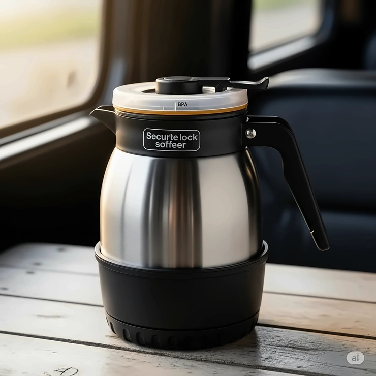 A travel-friendly coffee pot with a spill-proof carafe, ideal for bumpy rides.