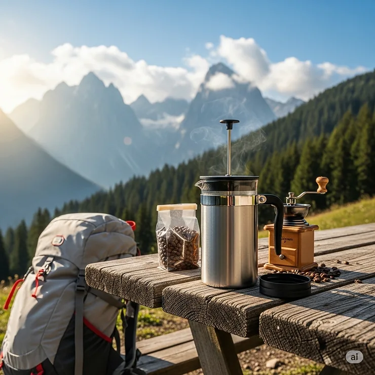 A portable travel French press in a scenic outdoor setting, ready for brewing fresh coffee on the go.