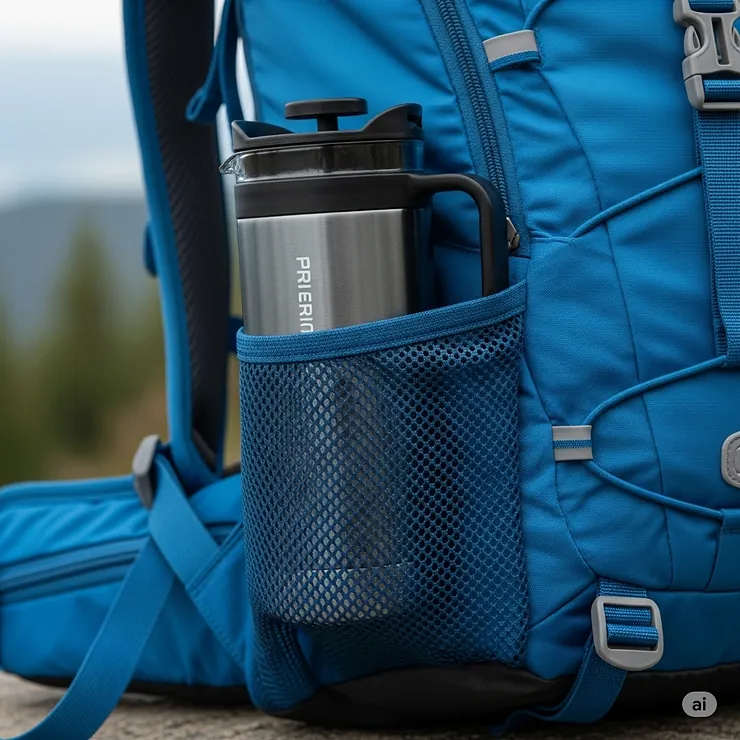 A travel French press mug neatly packed into the side pocket of a hiking backpack, showing its portability.