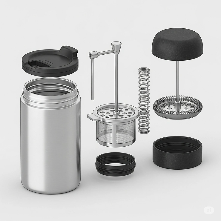 A detailed illustration showing the disassembled parts of a travel French press, including the plunger, filter, and insulated mug.