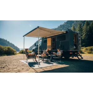An attached awning extended from the side of a truck, creating a shaded outdoor living space for relaxing and escaping the sun.