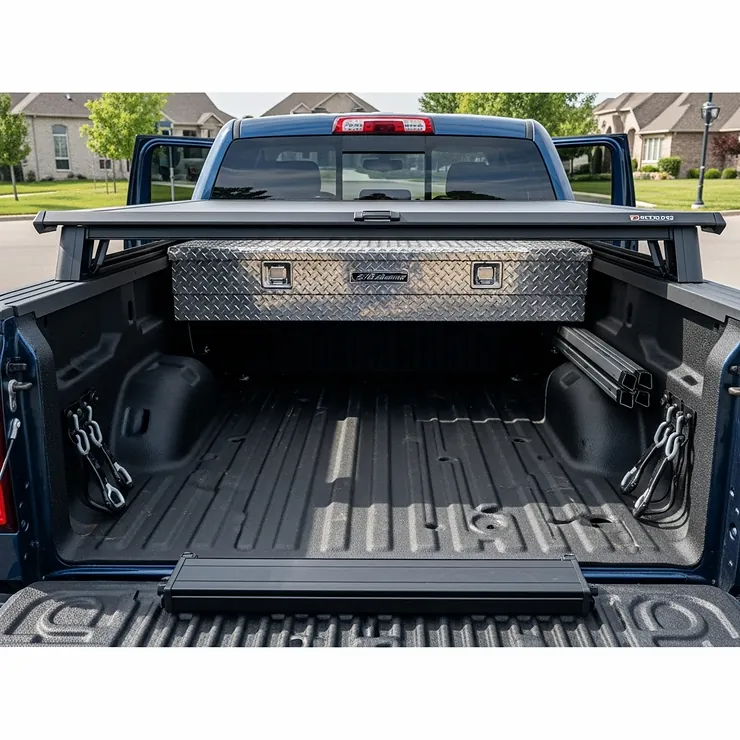 A wide-angle shot showing a variety of popular truck bed accessories like a tonneau cover, a toolbox, and a bed liner installed on a pickup truck.