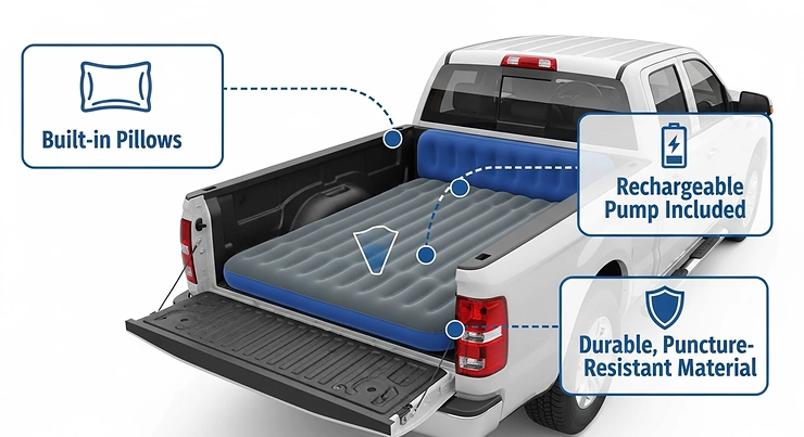 A graphic highlighting key features of a truck bed air mattress, such as built-in pillows, rechargeable pumps, and durable materials.