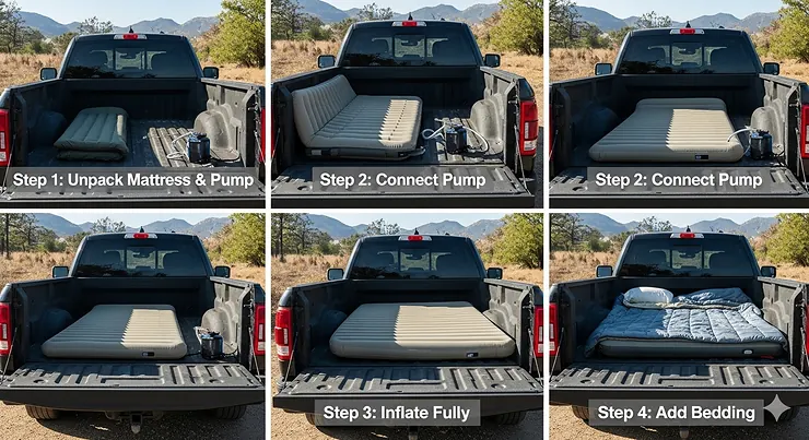 A step-by-step image showing how to quickly inflate and set up a portable air mattress in the bed of a pickup truck.