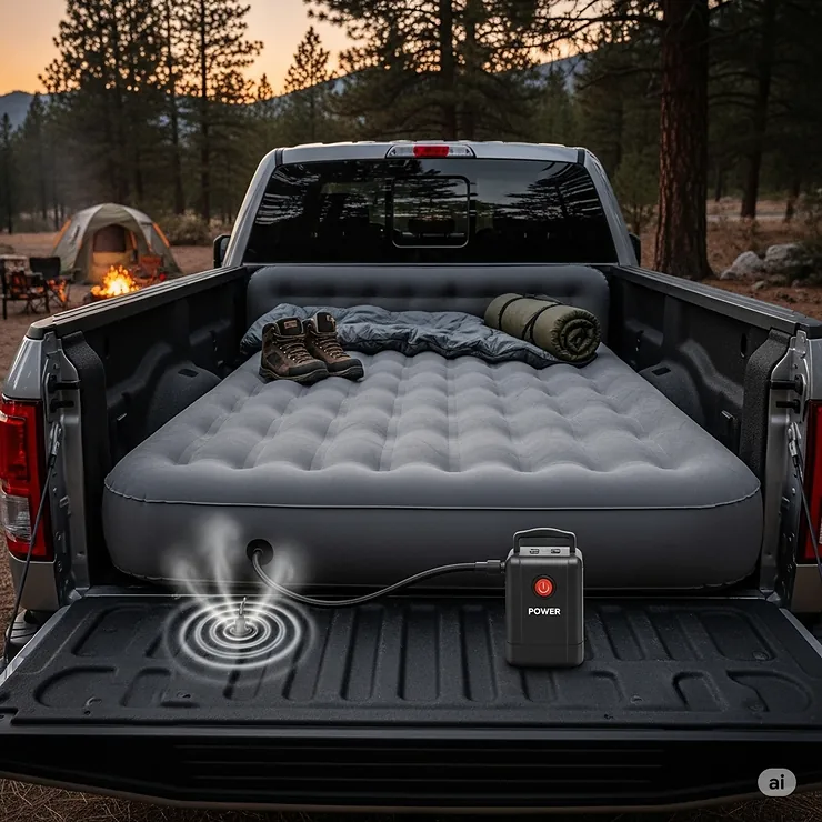 An air mattress for a truck bed, shown with its portable air pump, emphasizing ease of inflation.