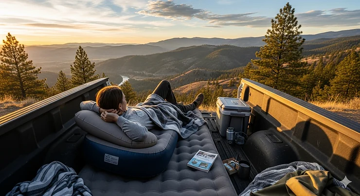 A person is comfortably lying on an inflated air mattress in the back of a pickup truck, enjoying a scenic view during a camping trip.