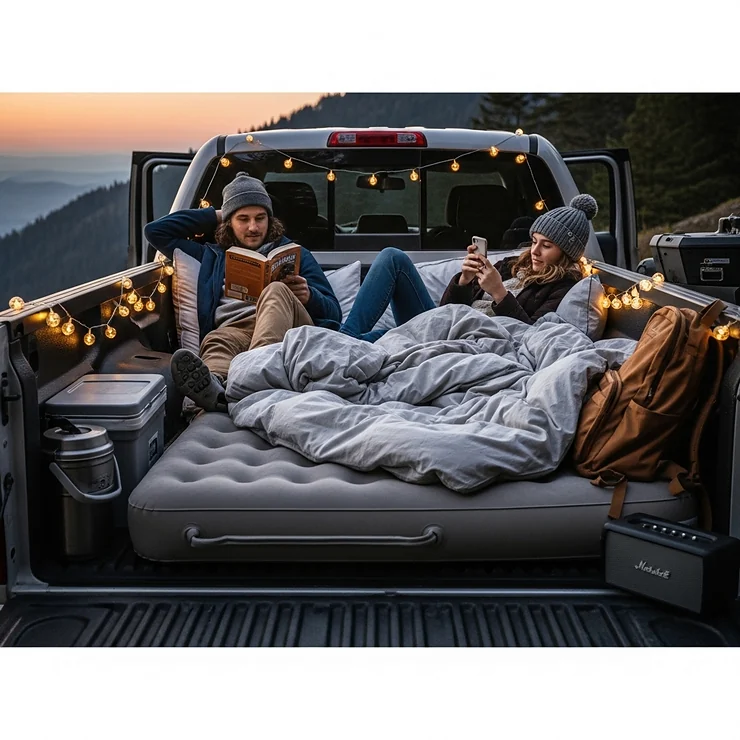 A couple relaxing on a comfortable inflatable mattress in the back of a pickup truck, a perfect setup for camping or a road trip.