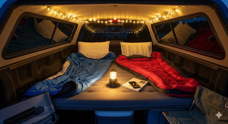 A complete camping setup inside a truck bed, featuring an air mattress, sleeping bags, and pillows under a truck cap.