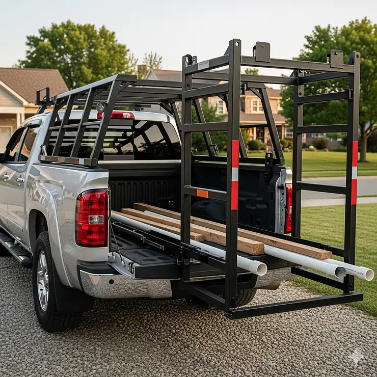 An adjustable truck bed extender flipped out over the tailgate, creating more room for hauling long cargo.