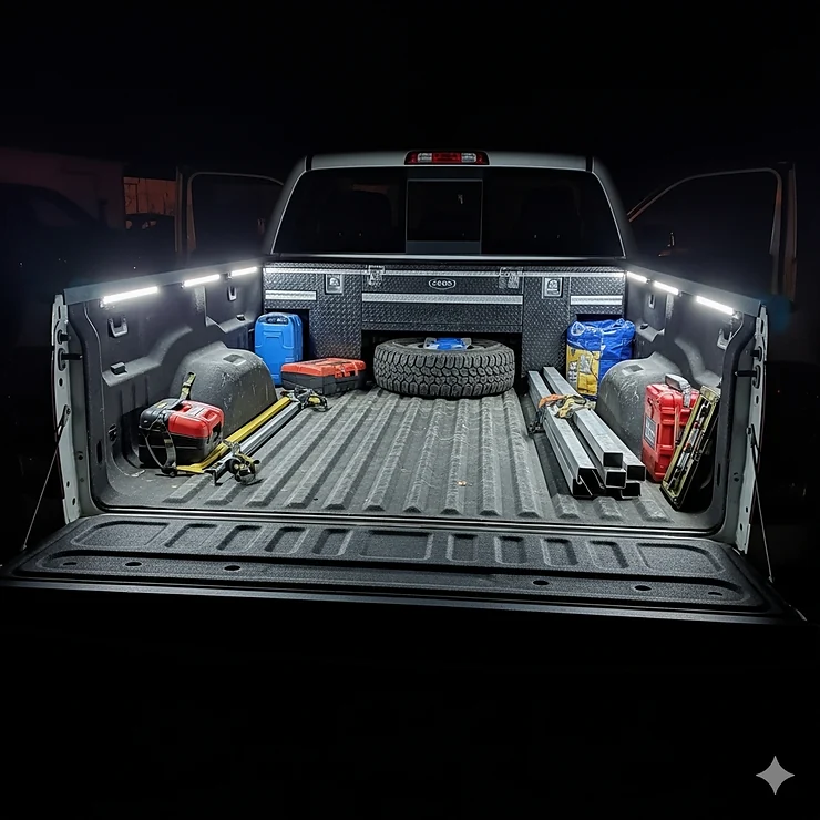LED truck bed lighting strips installed along the rails, illuminating the entire bed for easy nighttime access.