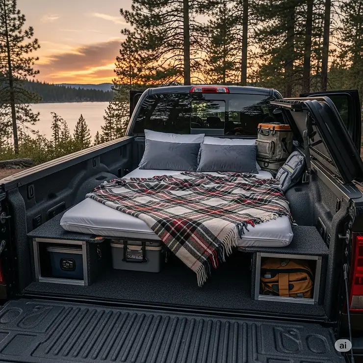 A comfortable, custom-fit truck bed mattress set up in the back of a pickup truck, with pillows and blankets ready for a camping trip.