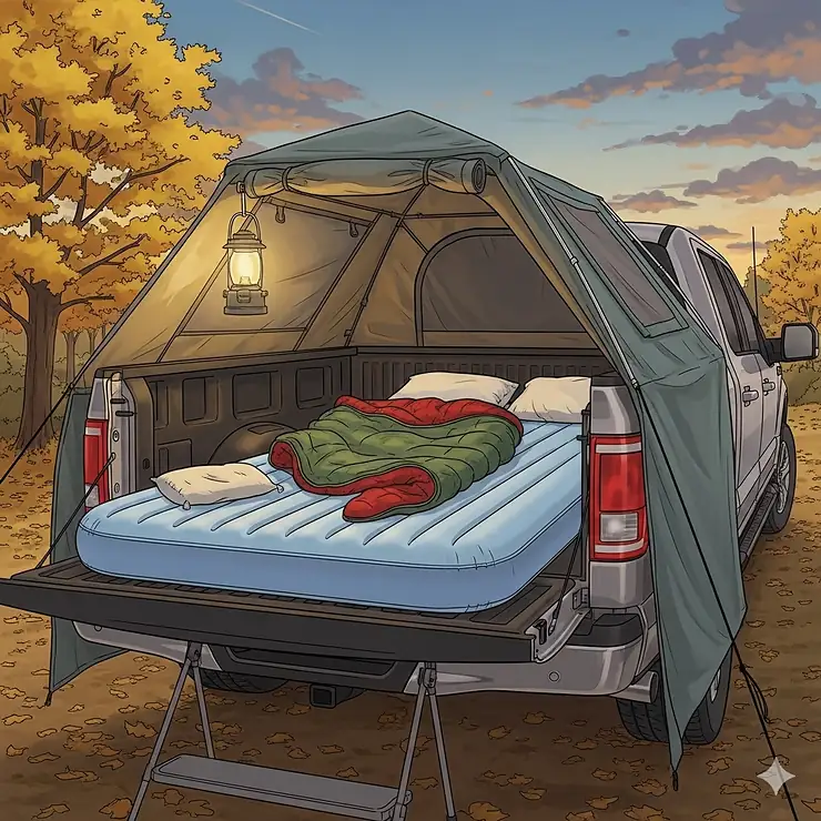 An illustration of a truck bed tent set up over a blow-up mattress, creating a weather-protected sleeping space.