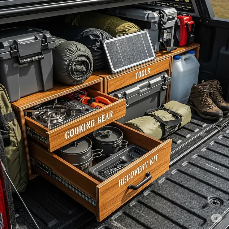 A close-up view of an organized truck bed with custom drawers and storage containers, efficiently holding various items of truck camping gear.