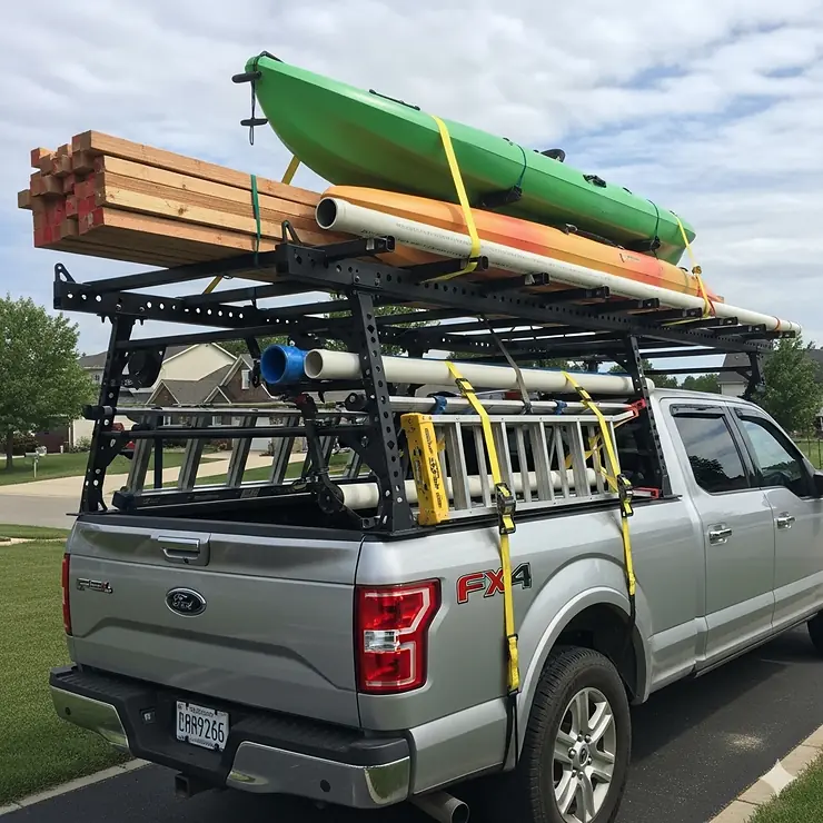 A ladder rack system installed on a truck bed, designed to carry lumber, kayaks, and other long items safely.