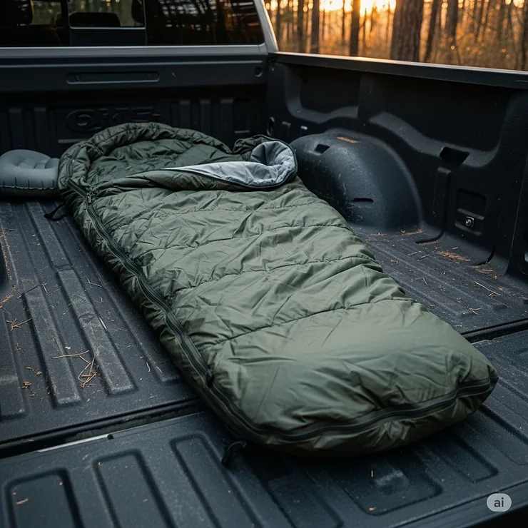 A heavy-duty sleeping bag laid out in a truck bed, presenting a simple and efficient camping solution.