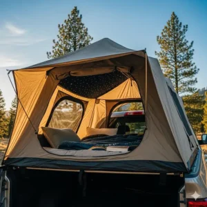 A close-up view of a spacious tent setup in the bed of a pickup truck, providing a comfortable and elevated sleeping area.