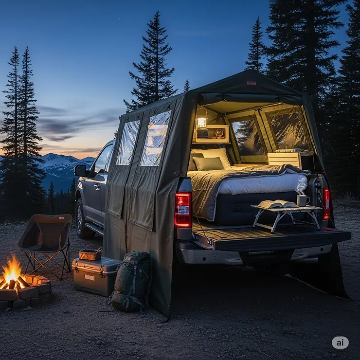 A photo of a truck tent enclosure with a comfortable bed inside, showcasing a full camping setup.