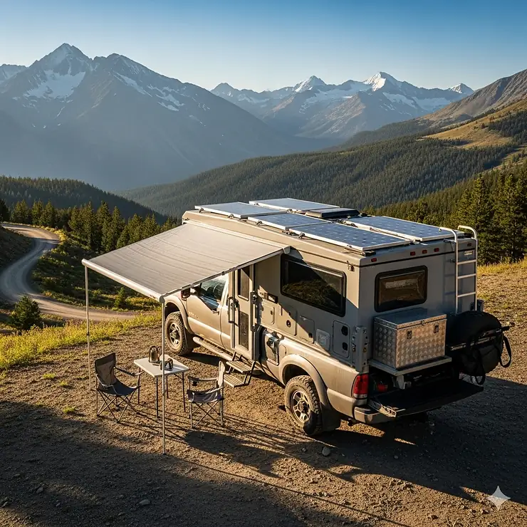 A truck camper with various accessories, including an awning, solar panels on the roof, and a mounted storage box, parked in a scenic mountain landscape. truck camper accessories