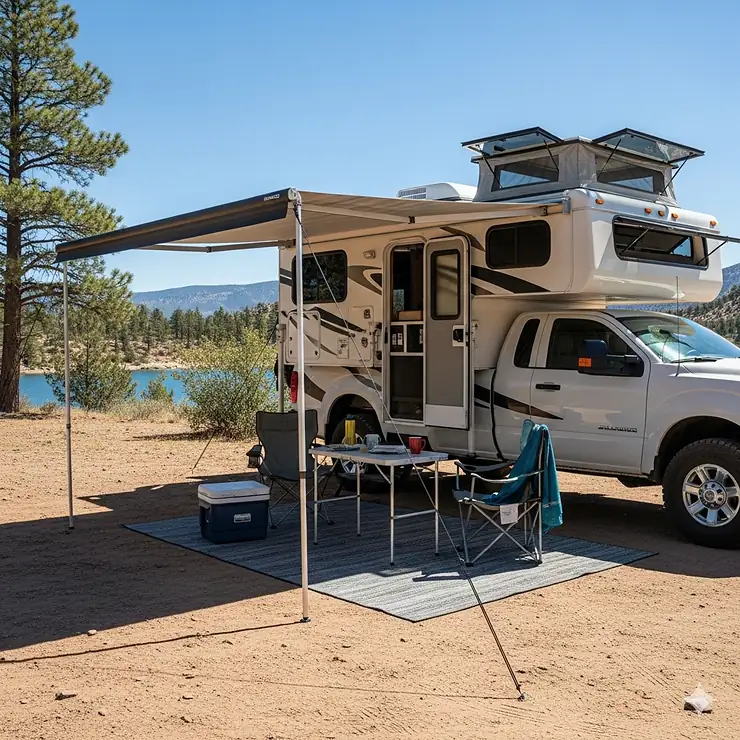 A wide shot of a truck camper with an extended side awning providing shade, highlighting its use as a common accessory for outdoor living.