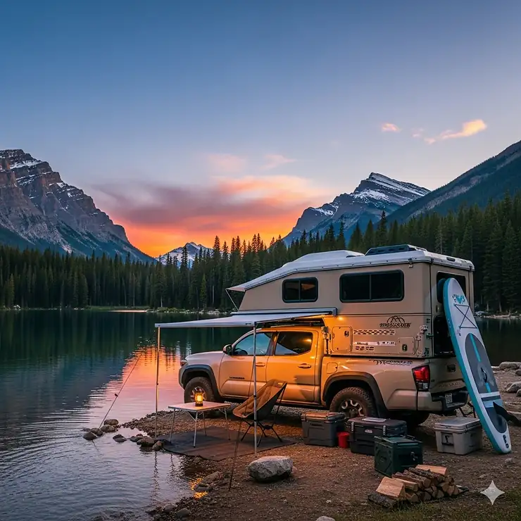 A pickup truck with a camper shell and various camping accessories, including a rooftop tent and an awning, parked next to a scenic lake. truck camping accessories