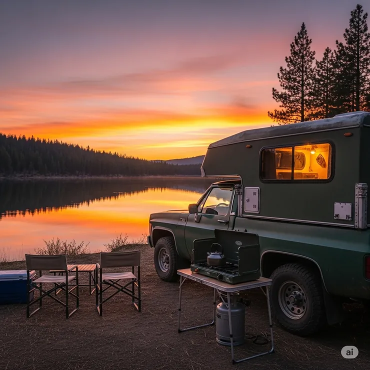 A pickup truck with a camper shell parked next to a lake at sunset, showcasing essential truck camping gear like a portable stove and camping chairs set up outside.