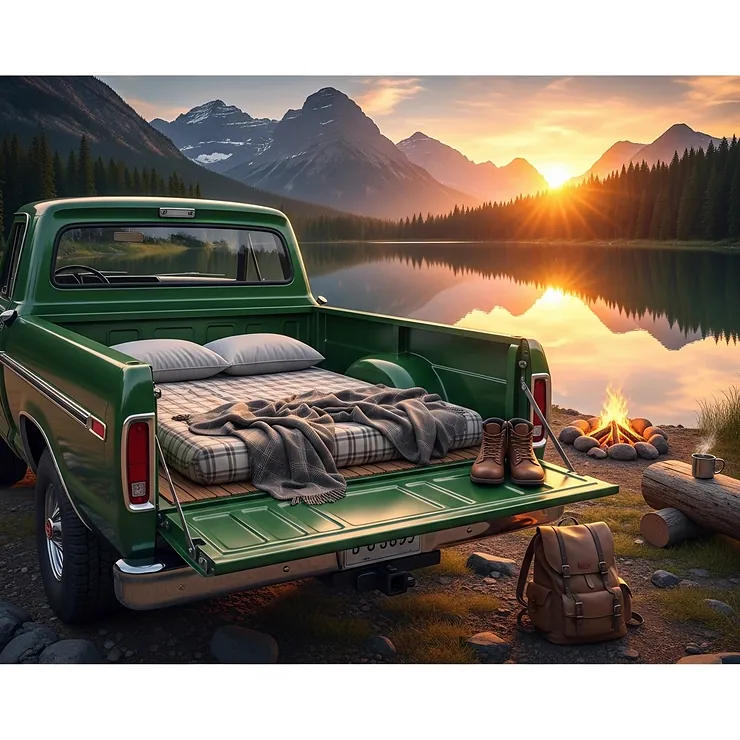 A scenic image of a truck parked by a lake, with the tailgate down and a comfortable mattress visible in the bed, suggesting a perfect outdoor adventure.