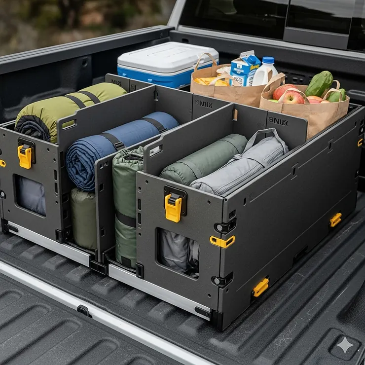 A modular truck bed cargo organizer with dividers, keeping gear and groceries from sliding around.