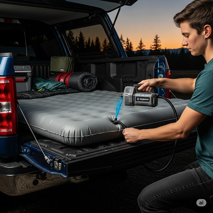 A person using an air pump to quickly inflate a durable air mattress designed specifically for a truck bed.