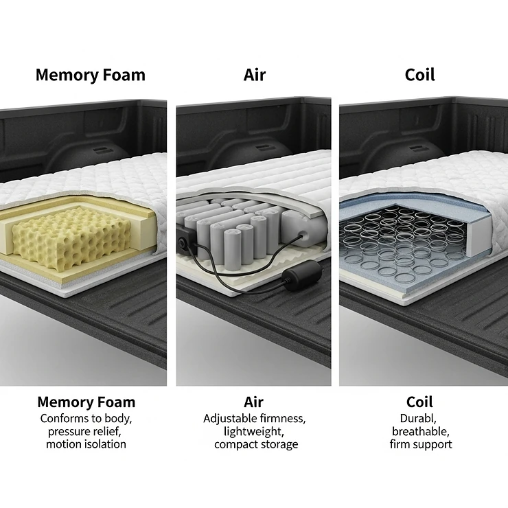 A visual comparison of different materials used in truck bed mattresses, such as memory foam, air, and coil, highlighting their unique benefits.