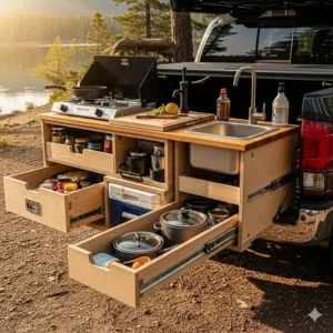 A clever slide-out kitchen system installed in the truck bed, complete with a small stove, counter space, and storage for cooking gear.