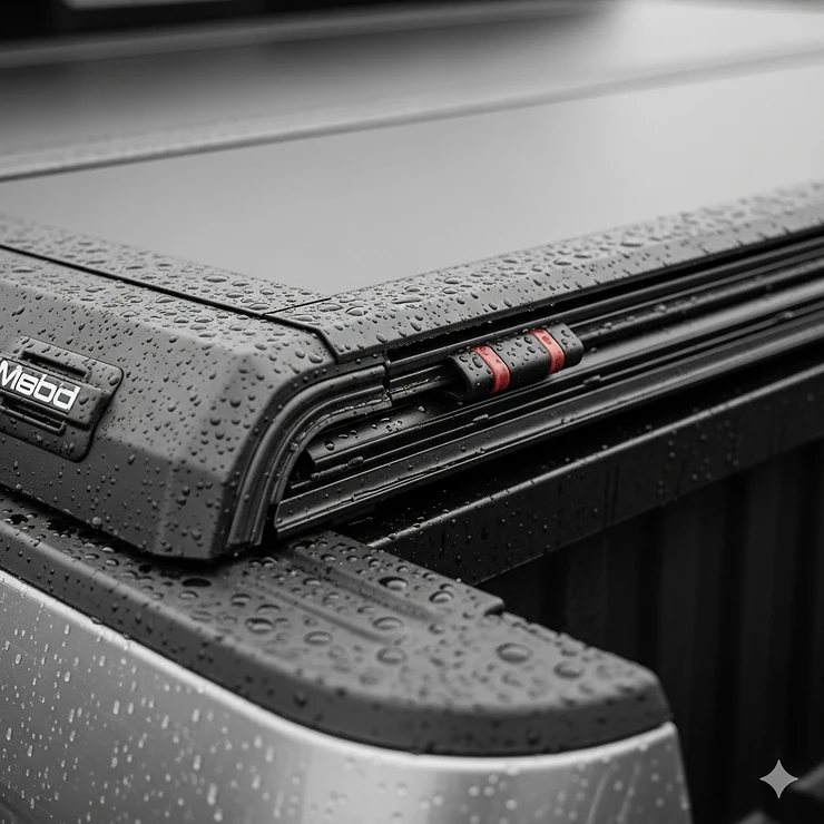 A close-up of a retractable tonneau cover on a truck bed, highlighting its weather-sealed design.