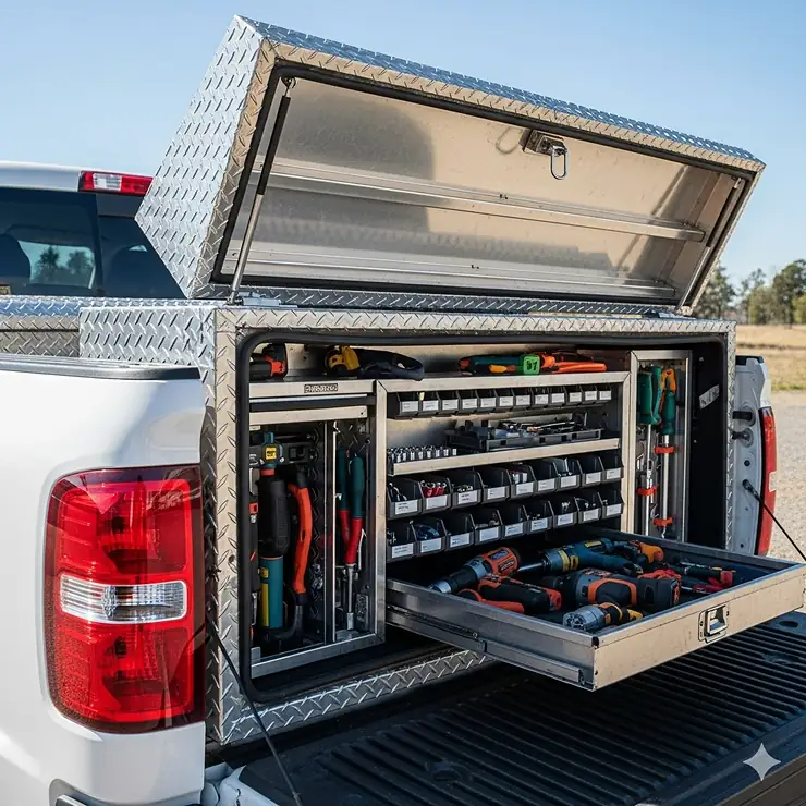 A heavy-duty, aluminum truck bed toolbox mounted securely behind the cab, with its lid open to show ample storage space for tools.