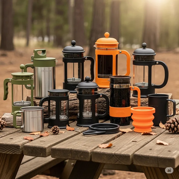 A collection of different styles of camping French presses, showcasing various sizes, materials, and colors.