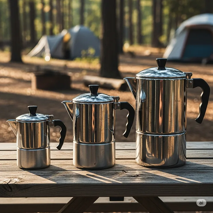 A group of three camping coffee percolators of different sizes (small, medium, and large) are lined up side-by-side, demonstrating the available options for different group sizes.
