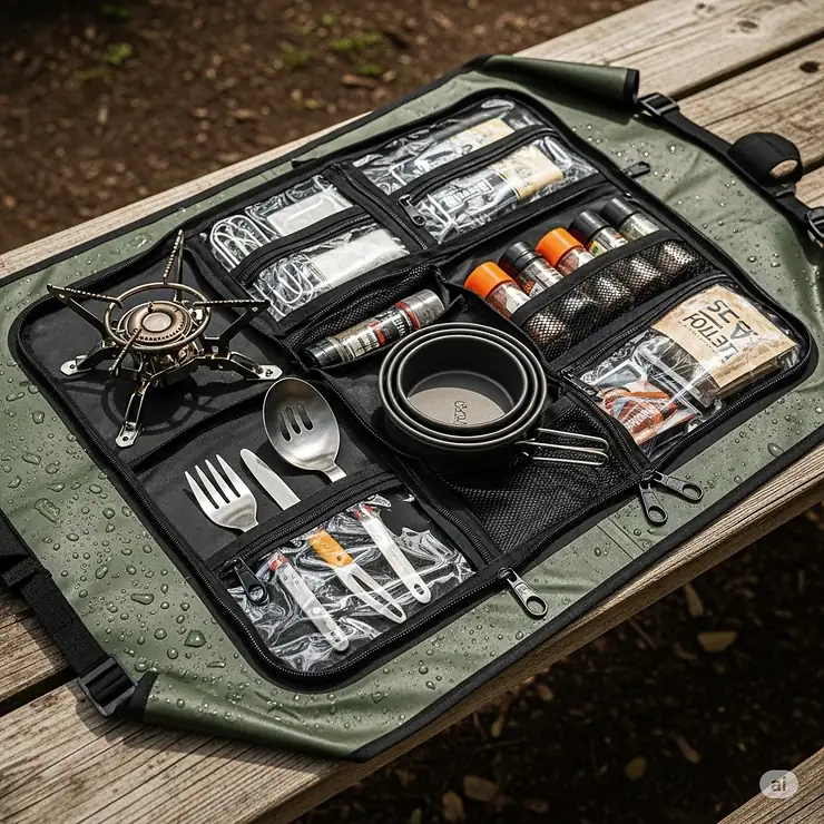 A waterproof camp kitchen organizer, showcasing its durable material and zippered compartments protecting contents from the elements.