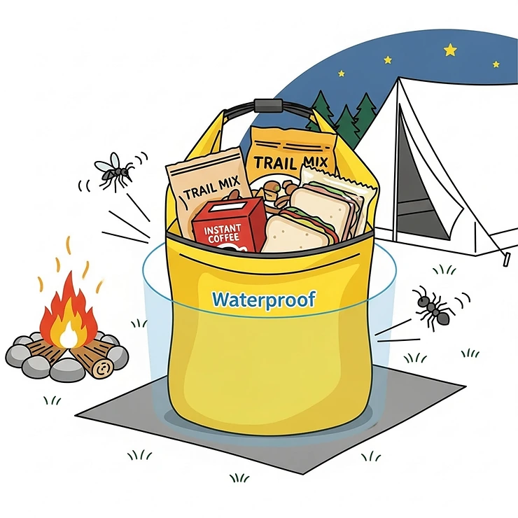 A simple illustration of a waterproof dry sack, highlighting its use for keeping food safe from moisture and pests during a camping trip.