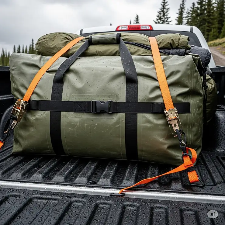 A large, waterproof duffel bag filled with camping gear, securely strapped down in the back of a truck, protecting contents from the elements.