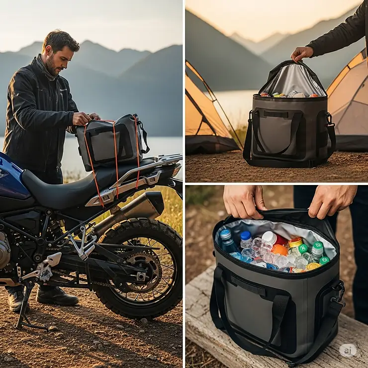 A flexible, waterproof soft cooler, highlighting its advantages as a lightweight and compact option for motorcycle camping.