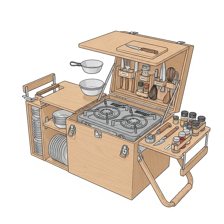 An illustration showing the components of a camping kitchen chuck box, including storage compartments, a folding lid that acts as a counter, and handles for portability.