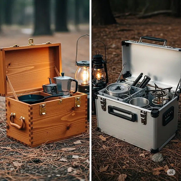 A comparison image showing two different types of camping chuck boxes: one made from traditional wood and another from a modern, lightweight metal, highlighting various construction materials.