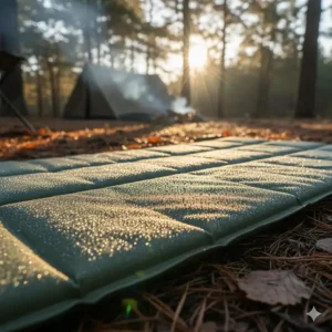 A close-up shot of the durable, waterproof material of a two-person camping mat, glistening in the morning sunlight at a campsite.