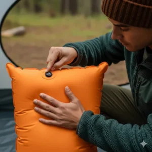 A camper adjusting the firmness of their air pillow by pressing a valve, demonstrating the pillow's customizable comfort.