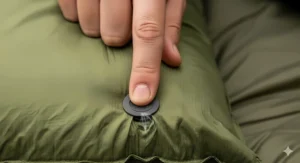 A close-up of a hand pressing the valve to easily adjust the air pressure and firmness of an inflatable camping pillow.