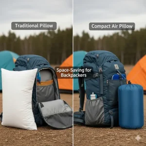 A visual comparison between a traditional bulky pillow and a compact air pillow, illustrating the space-saving benefits for backpackers.