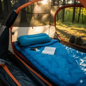 An air pillow set up on a sleeping bag inside a cozy tent, highlighting its use in a real-world camping scenario.